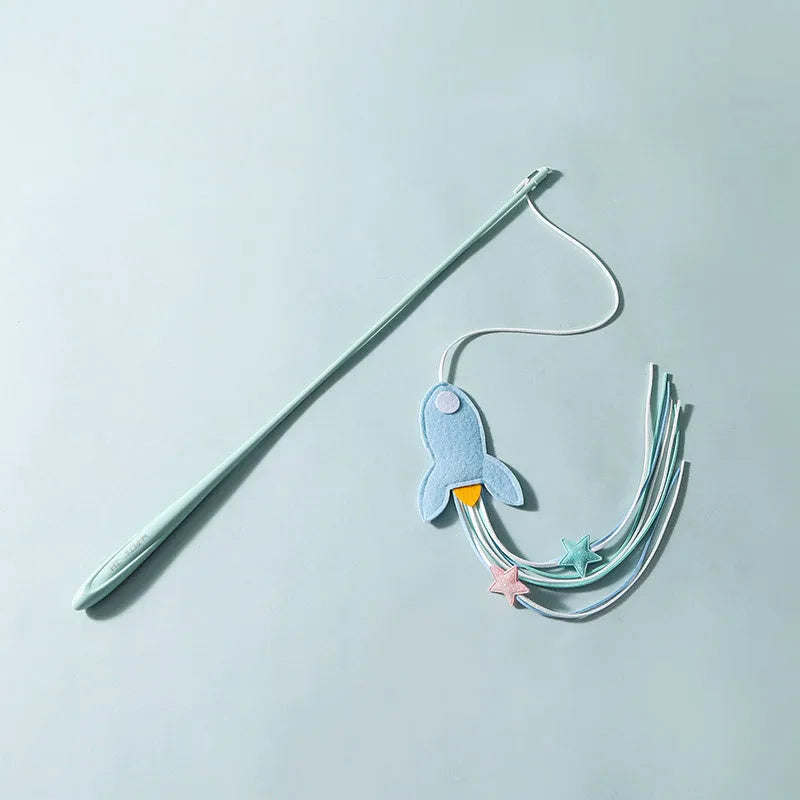 Adjustable cat teaser wand with telescopic pole extended to show feather attachments and inflatable ego component