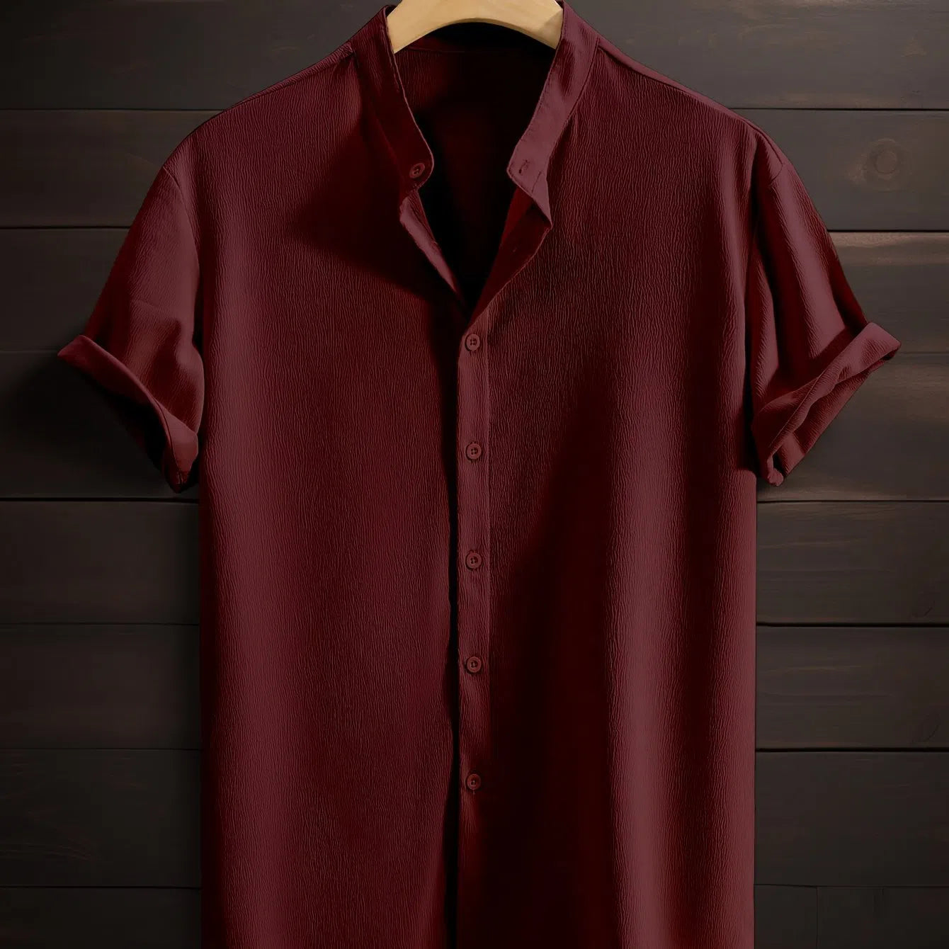 Men's casual breathable polyester stand collar short sleeve shirt in solid colour, loose fit, non-iron