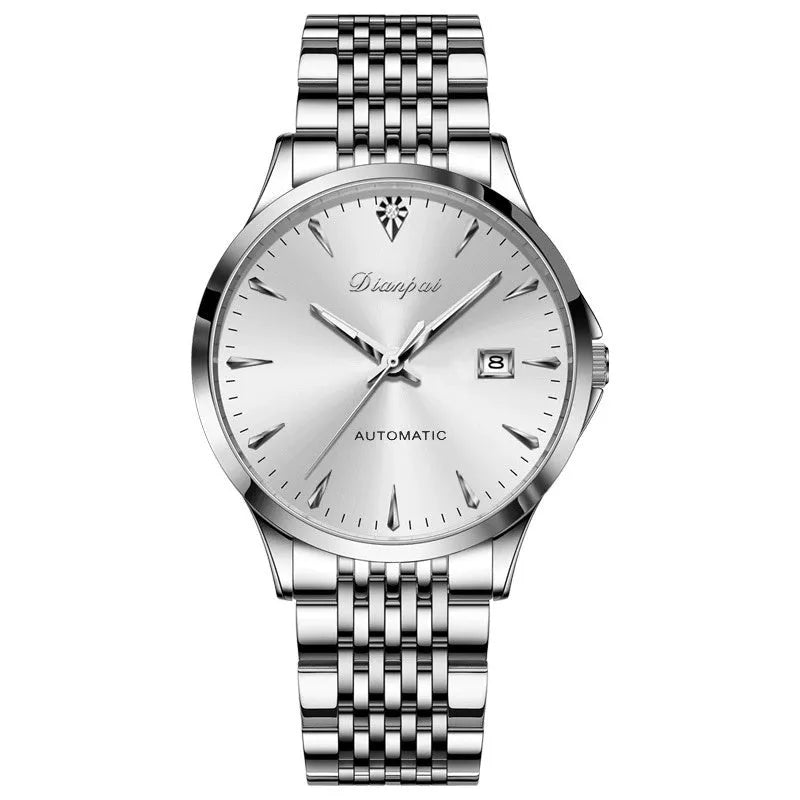 Men's automatic watch with stainless steel bracelet and simple white dial