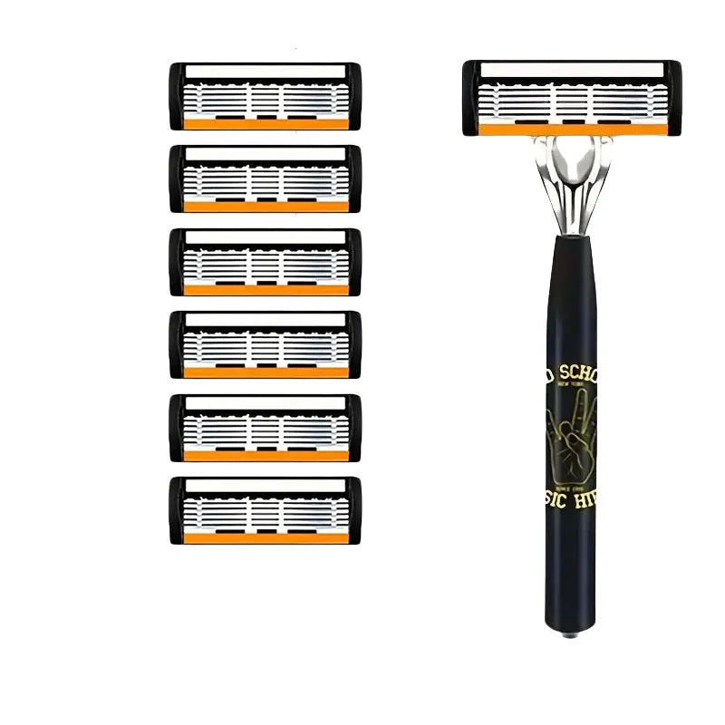 Black manual shaver holder with six-layer finger grip handle and multiple blade rests