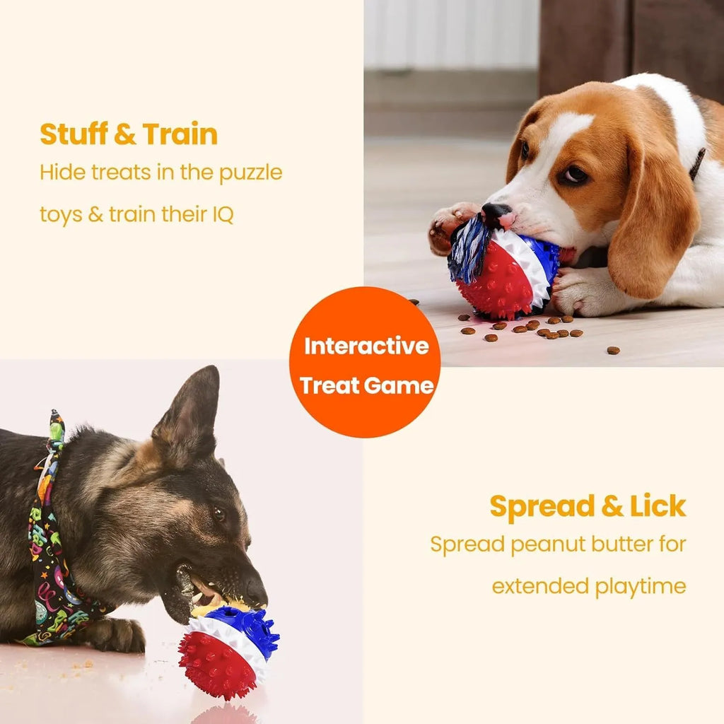 Blue and red 4.25 inch diameter dog ball toy with treat dispenser hole and surface texture for aggressive chewers
