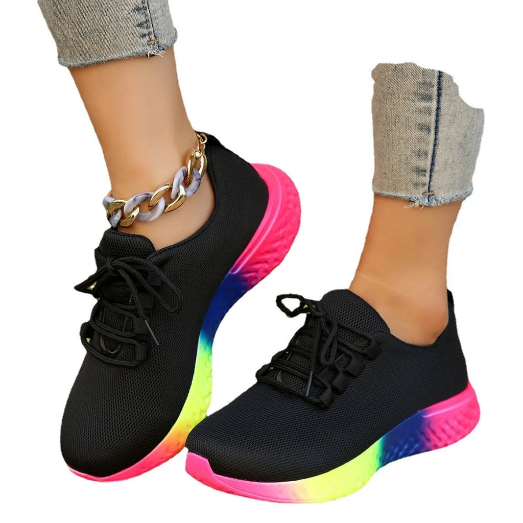 Women's plus size rainbow pumps, flat heel, low top, front lace-up, yellow black white, sizes 36-43