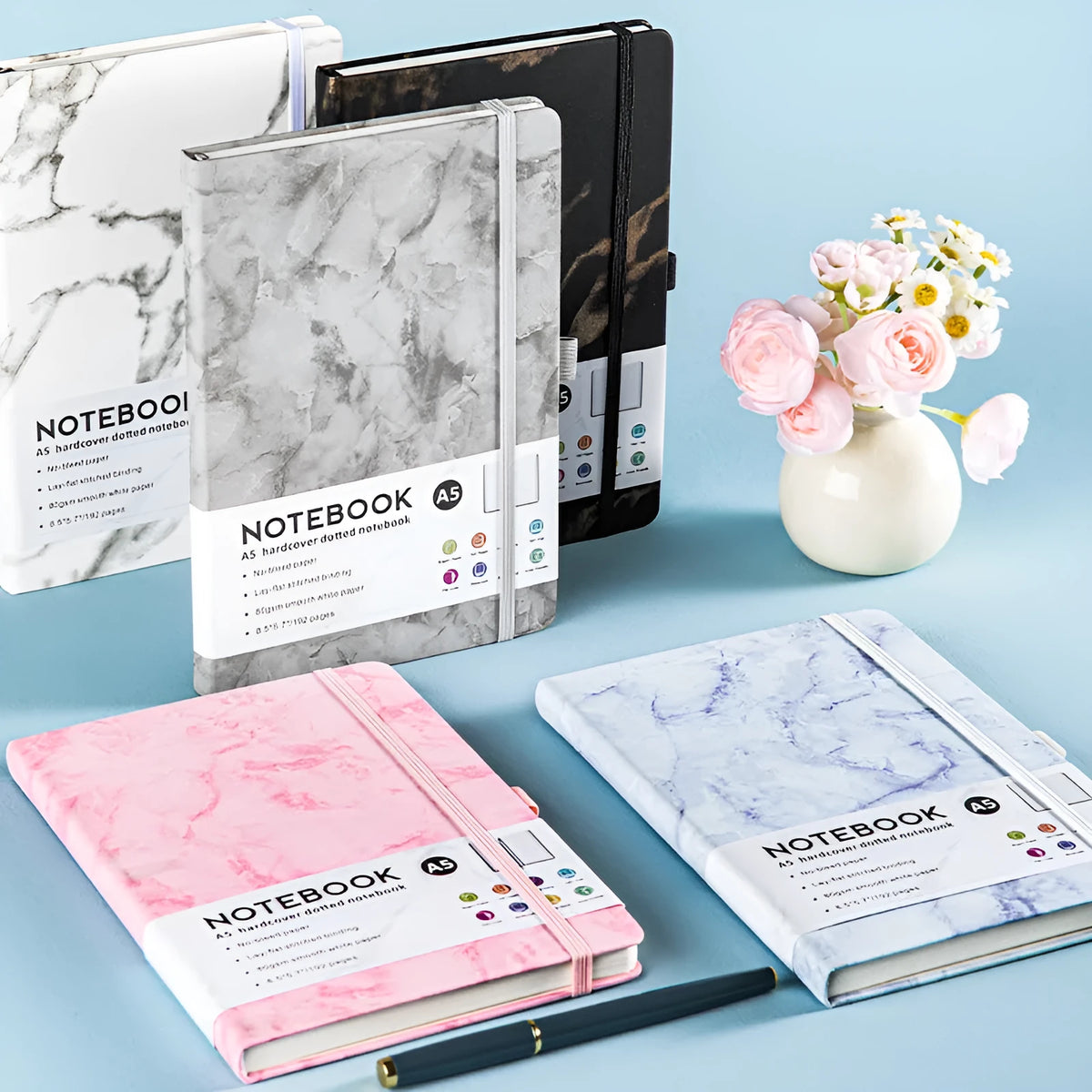 A5 Skin Feeling PU leather diary notebook with horizontal lined pages open on a desk