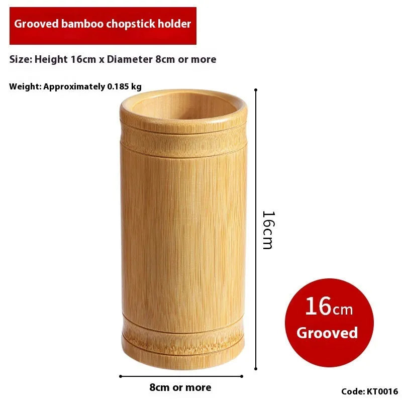 Wild bamboo chopsticks holder tube in various sizes on a wooden table.