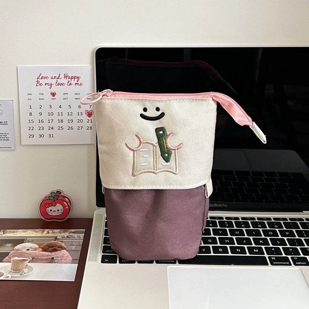 Brown Korean style cartoon collapsible pencil case with Oxford fabric 17x14cm dimensions