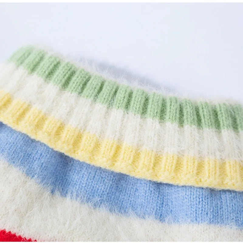 Corgi special rainbow apple striped knitted dog pullover sweater in brown and white on a light background
