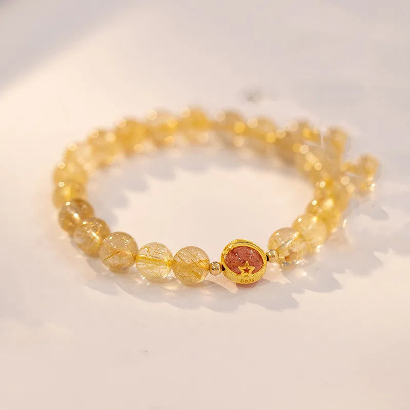 Citrine natural crystal bracelet with gold rutilated quartz beads in diamond cut