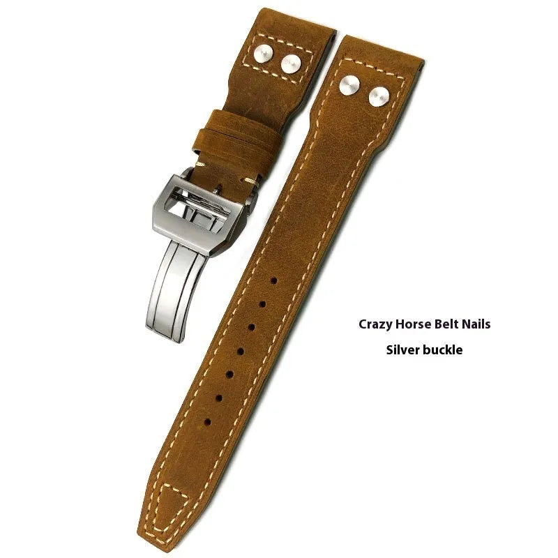 Genuine leather watch band strap in black with silver buckle, 22mm width