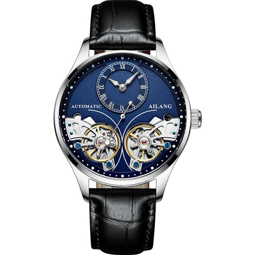 Automatic men's wristwatch with titanium case, round black dial showing tourbillon and moon phase.