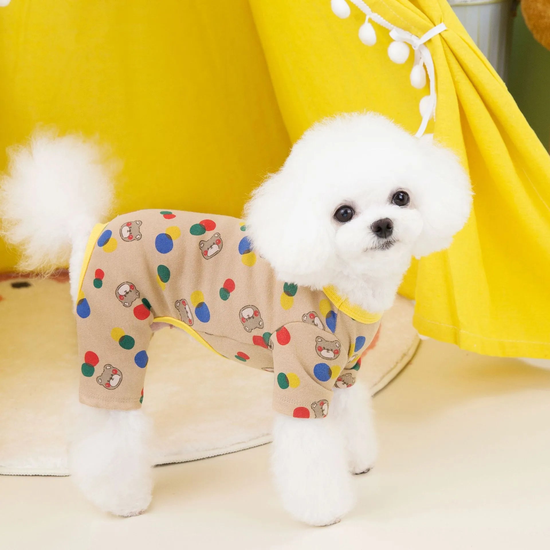 Beige dog clothing with colourful ball bear print, cotton spandex casual pet clothes