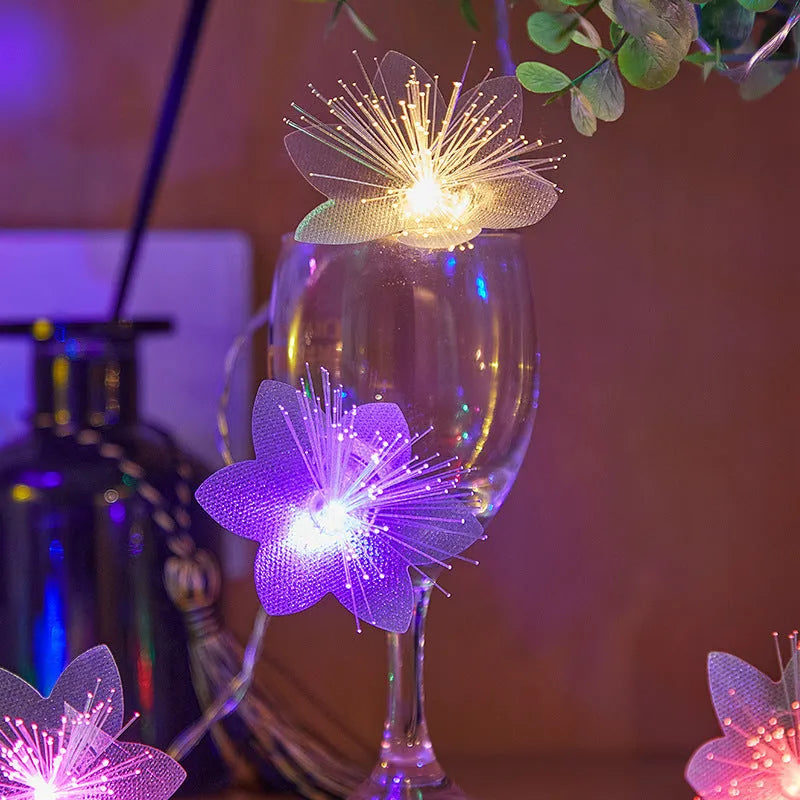 LED optical fibre flower light string with 20 warm white lamp beads on battery box, suitable for wedding and party decoration