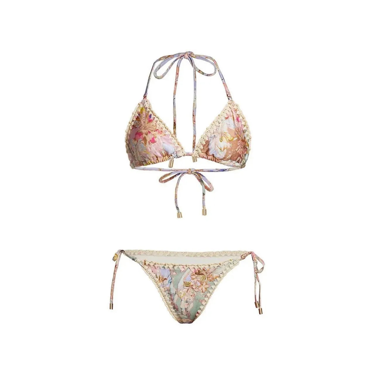 Women's creamy white floral bikini set with halter top, high-waisted briefs and matching skirt