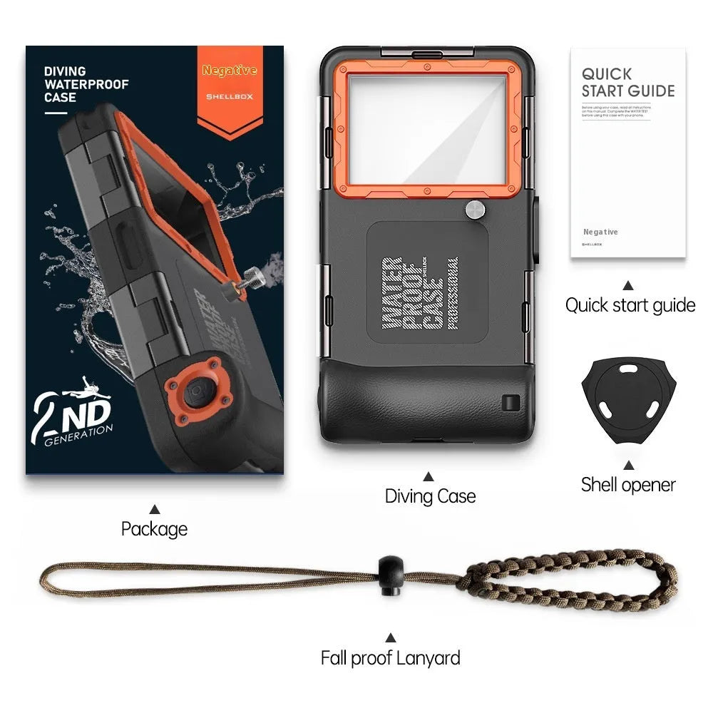 Simple Shooting Waterproof Universal Phone Case in Black Orange with Metal Construction and Lanyard