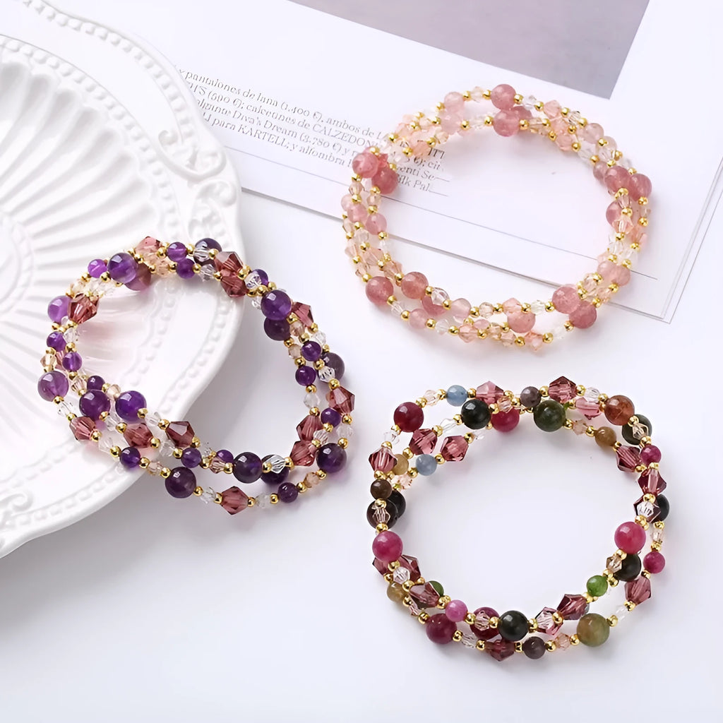 Handmade three-ring crystal bracelet with tourmaline, strawberry quartz and amethyst gemstones