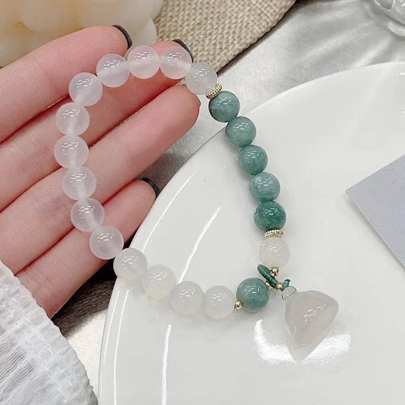 Women's retro Chinese style agate lotus seedpod bracelet with Burma jade elements
