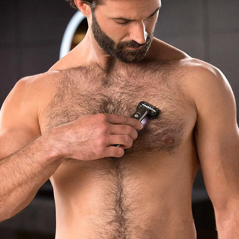 Black rechargeable men's precision shaver with LED light on and stainless steel blades.