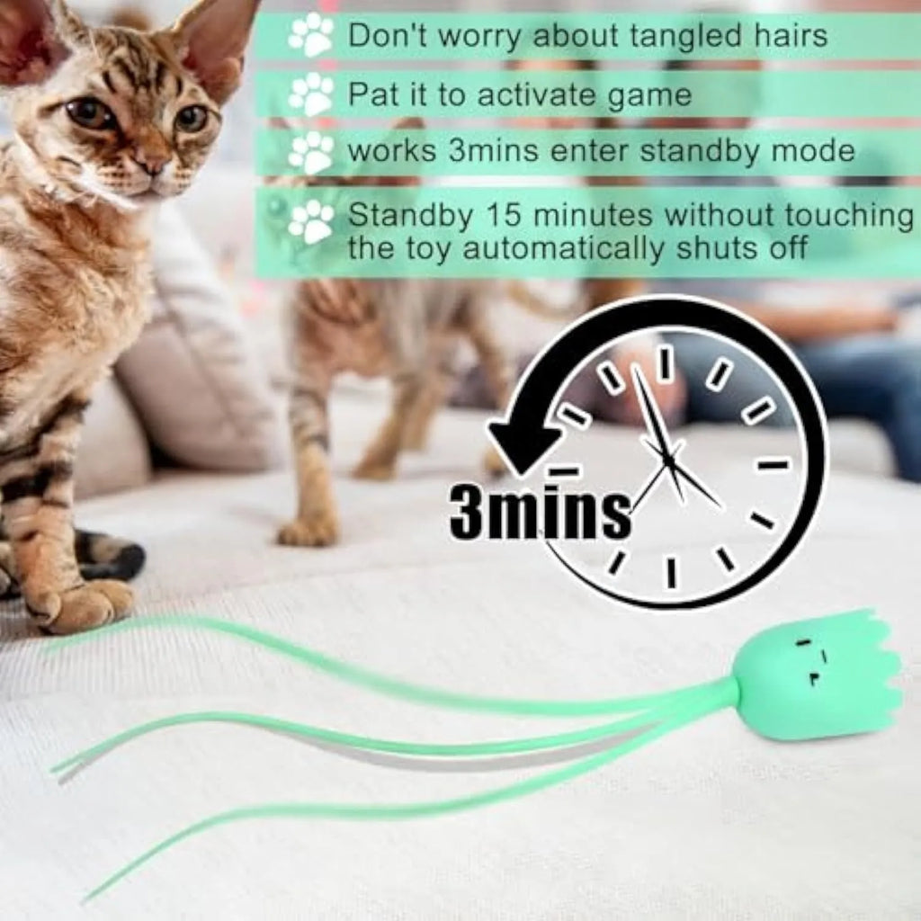 Green electronic cat wand toy with swinging silicone tails for indoor cats