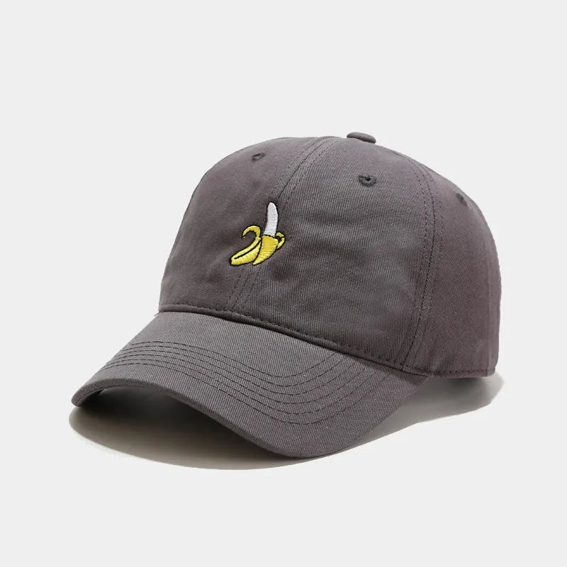Curved dome crown baseball cap with embroidered banana fruit design in multiple colours
