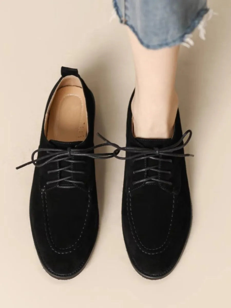 Women's retro suede lace-up deep mouth pumps with square toe and mid heel in black
