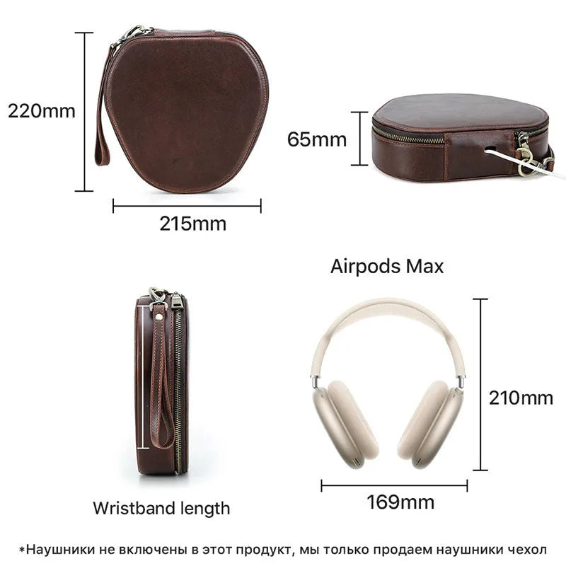 Brown genuine leather earphone bag with lanyard designed for Apple AirPods Max