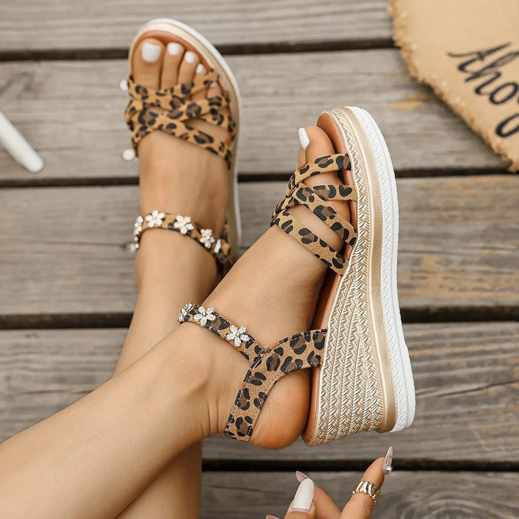 Light brown suede women's platform sandals with ankle buckle and open toe design