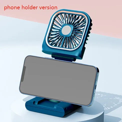 Hands-free wearable neck fan with dual blue cooling blades and USB charging cable.