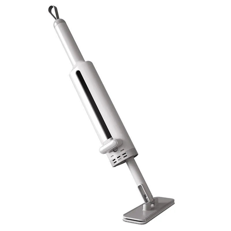Rotatable self-squeeze mini flat mop with crevice brush and pink microfiber pad, shown extended to 19.3 inches.