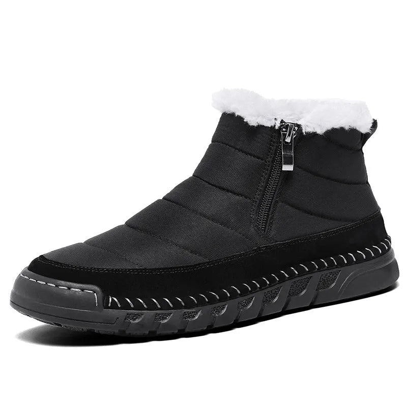 Men's plus size snow boots in black with round toe design and non-slip rubber sole