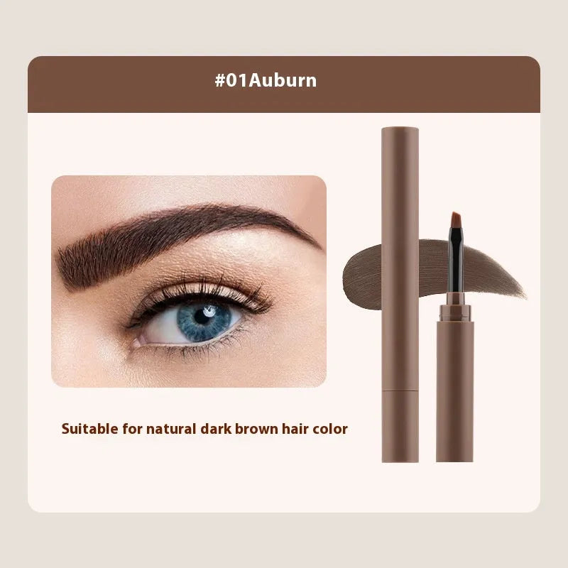Double-headed eyebrow cream tube with dual applicator shown in five colour shades.
