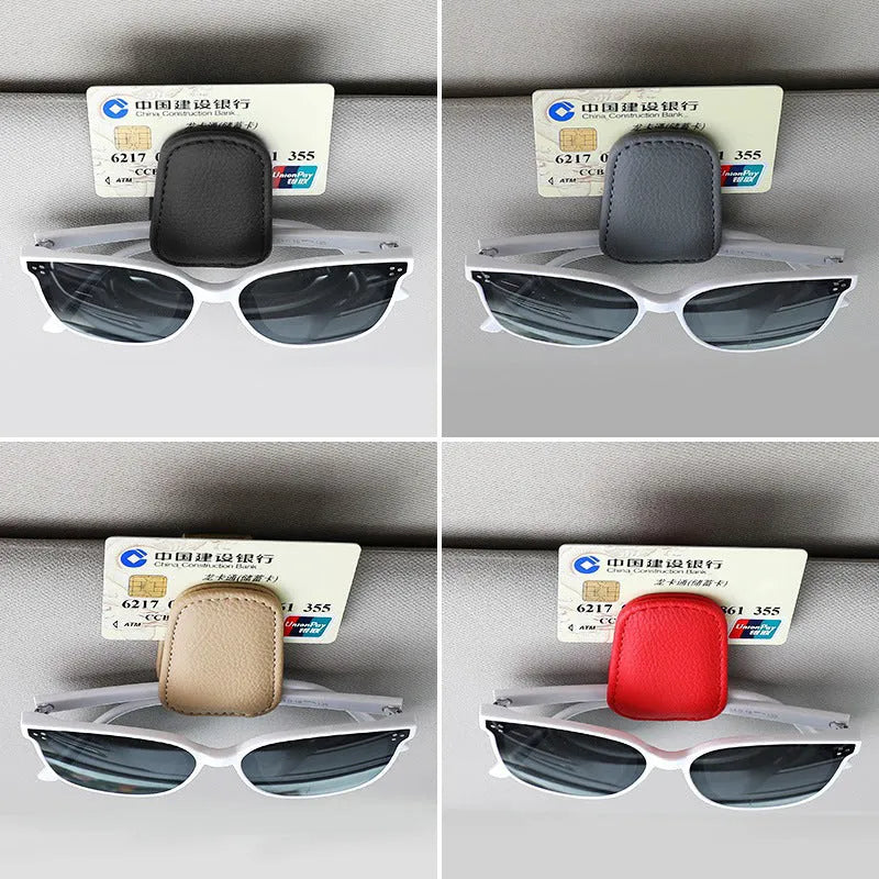 PU leather car sunglasses holder clip attached to vehicle sun visor in beige colour