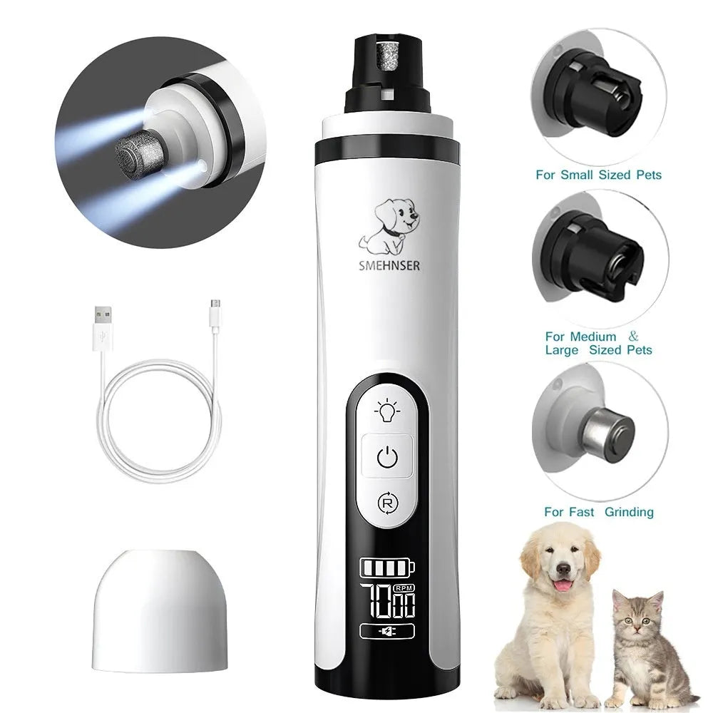 Electric dog nail grinder with automatic piercing head, LED display, and handheld design on a white background.