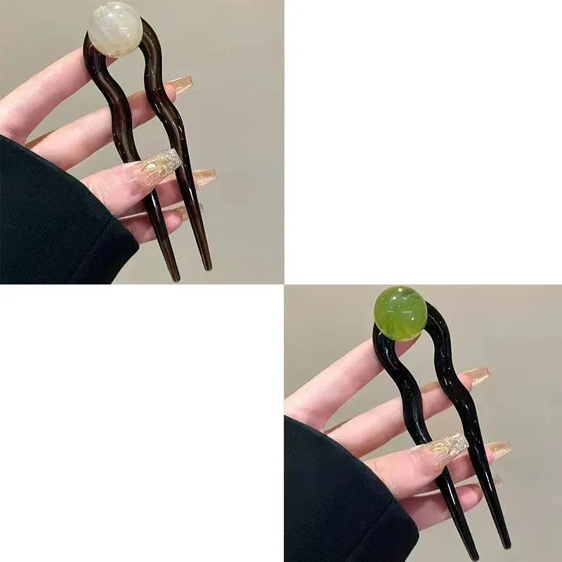 Simple U-shaped acrylic barrettes with ball retro design in beige, caramel, dark gray and green colours