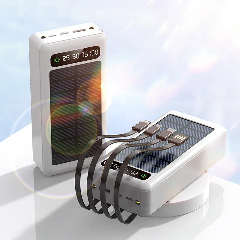 Black, white, and green solar power bank with 30000 mAh capacity and charging cable