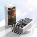 Black, white, and green solar power bank with 30000 mAh capacity and charging cable