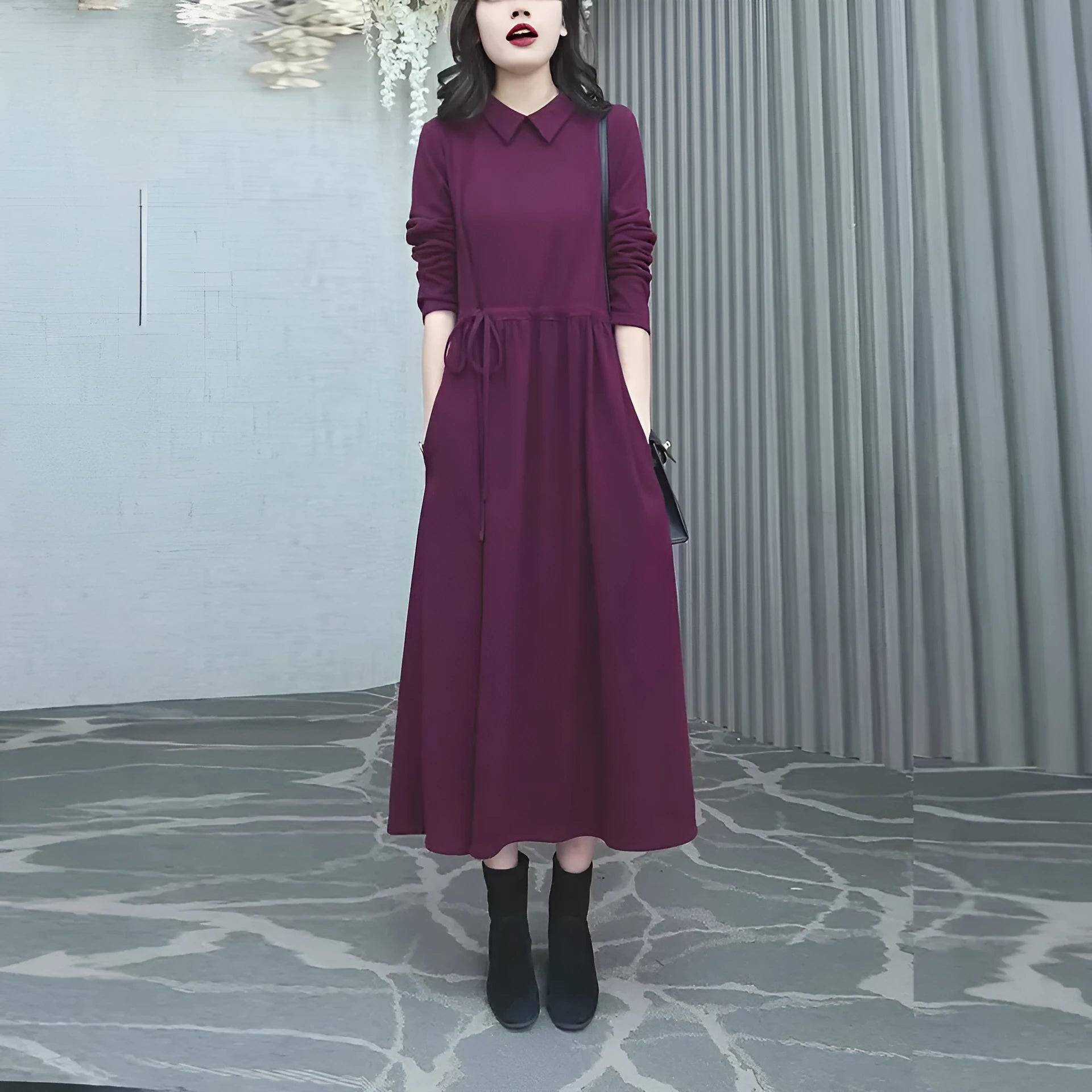 Purplish red plus size women's long sleeve dress with a long skirt for autumn winter wear.