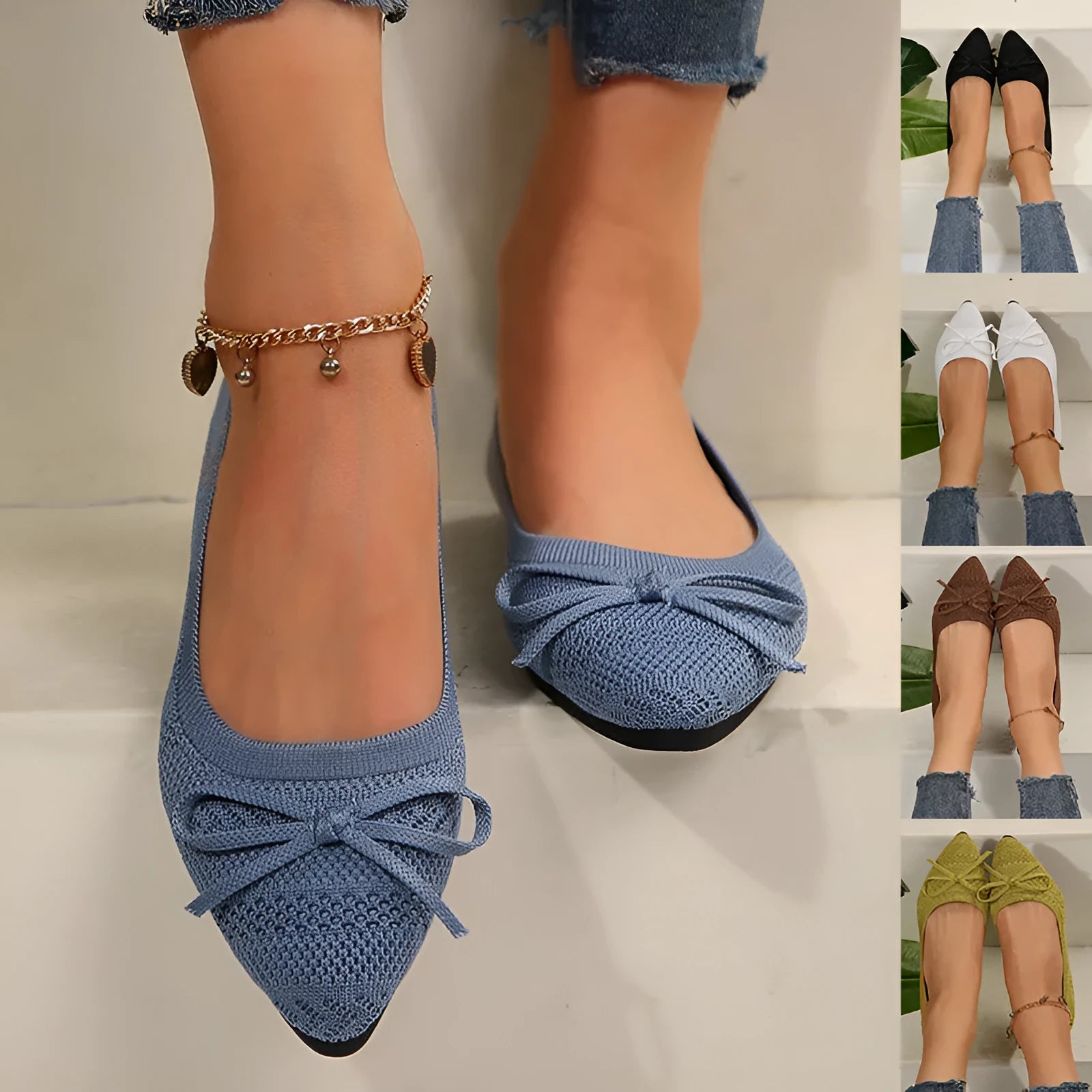 Women's blue knitted loafers with a bow and pointed toe on a flat rubber sole.