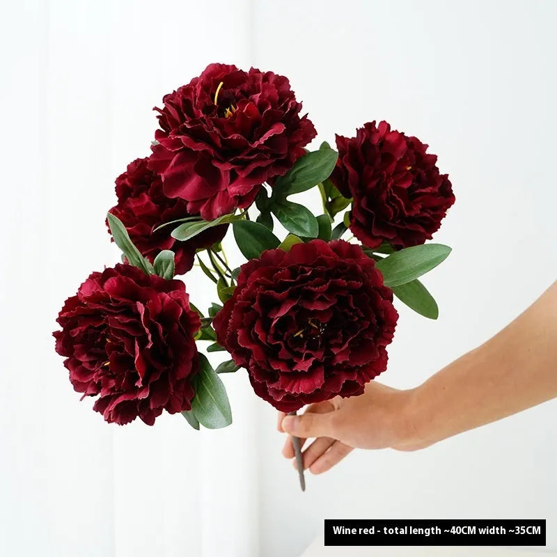 40cm artificial silk peony 5-head bouquet in light champagne colour on white background