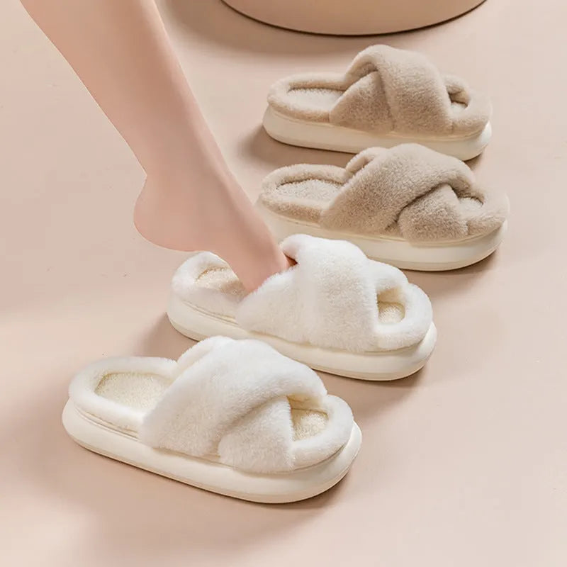 Women's platform fuzzy suede open toe criss-cross house slippers in Khaki on a wooden floor