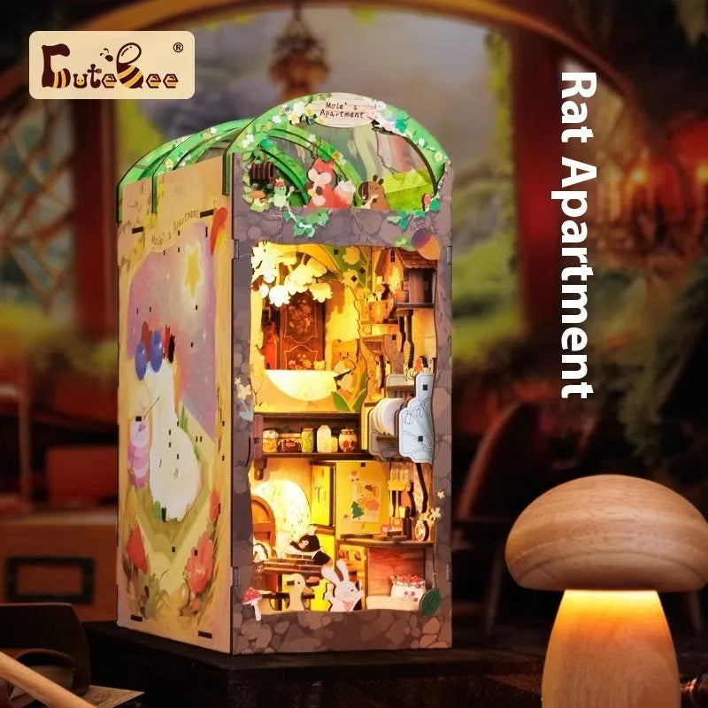 CuteBeediy Green Bamboo Bookstore wooden 3D hand-assembled book stand model with flashing lights on a wooden surface