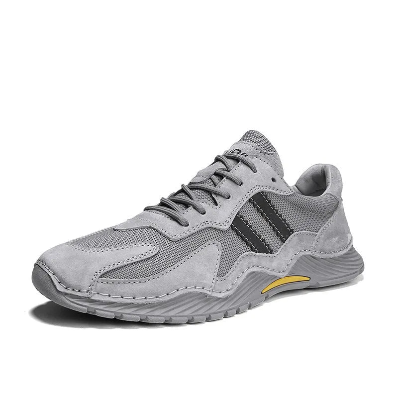 Men's low-top lace-up hiking boots in sand colour with pigskin upper and platform heel