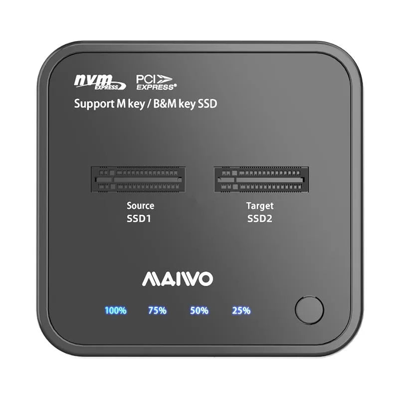 MAIWO K3016 M.2 SSD hard disk docking station with data cables and power adapter on a desk.