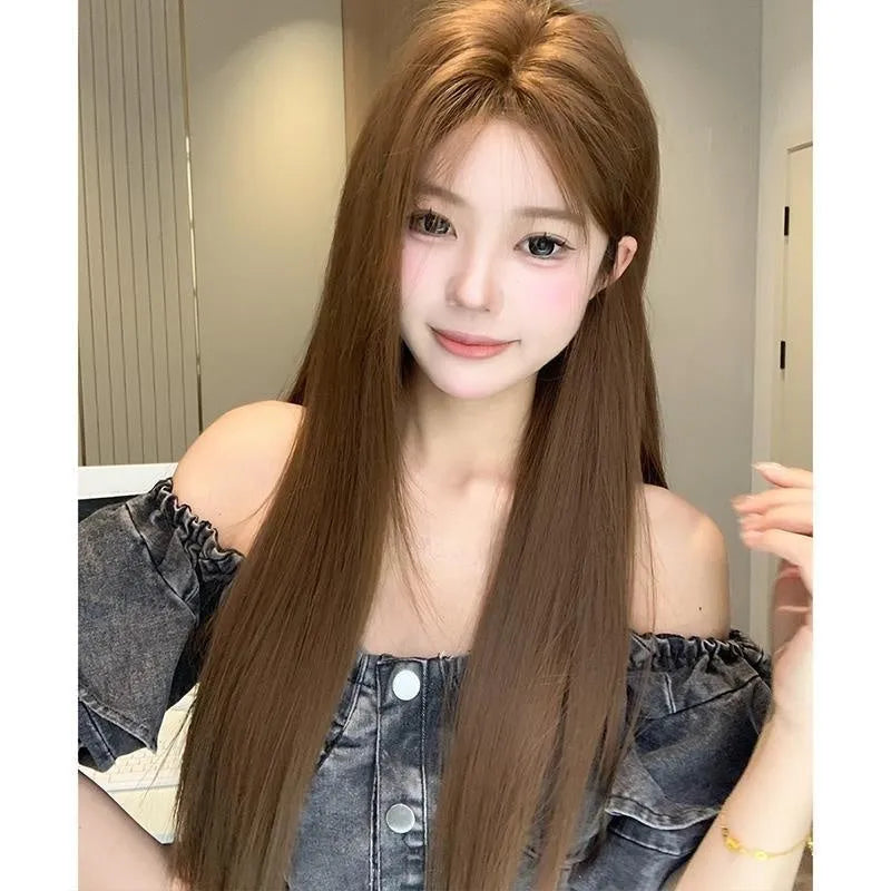 Warm brown long straight wig with centre-parted bangs and forehead lace construction