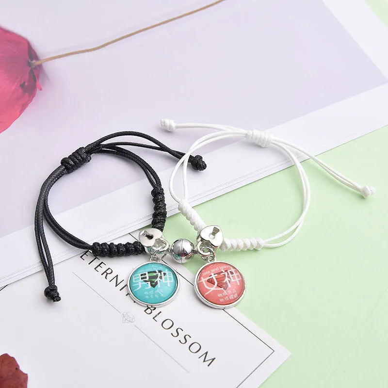 Magnet couple bracelets with electroplated finish showing magnetic clasp and symbolic design options