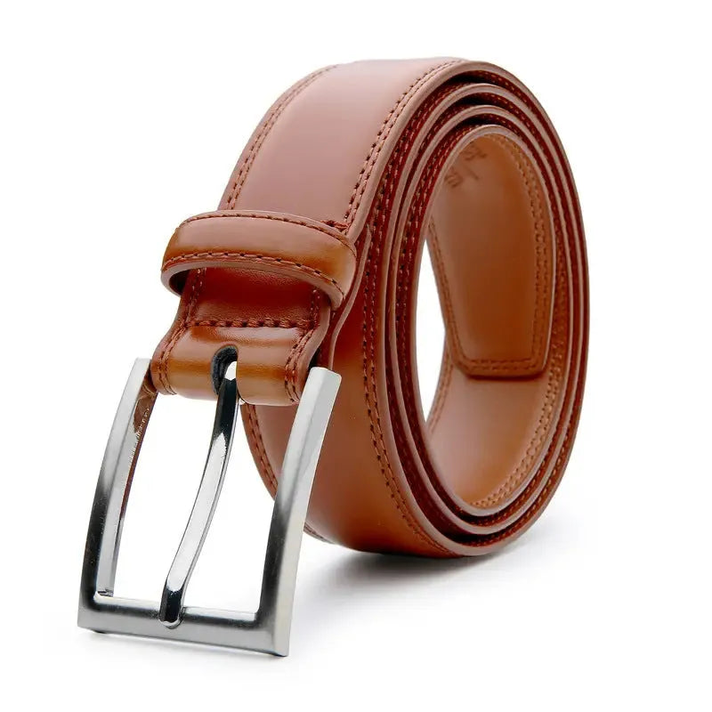 Men's brown genuine leather casual belt with a silver alloy buckle on a plain background.