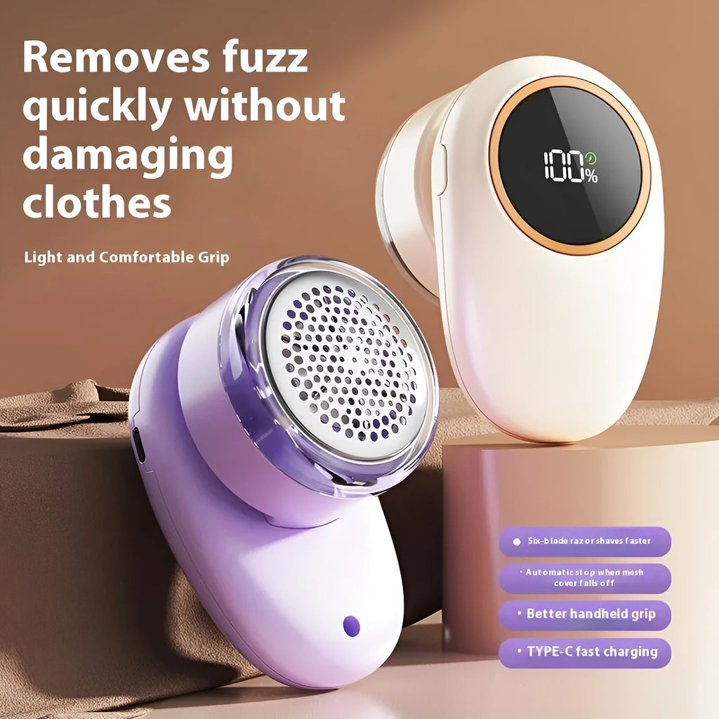 Beige and purple digital display fur ball trimmer with multiple cutter heads and USB cable