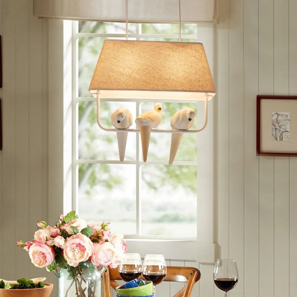 Bird design fabric chandelier ceiling lamp with iron frame hanging from a cord
