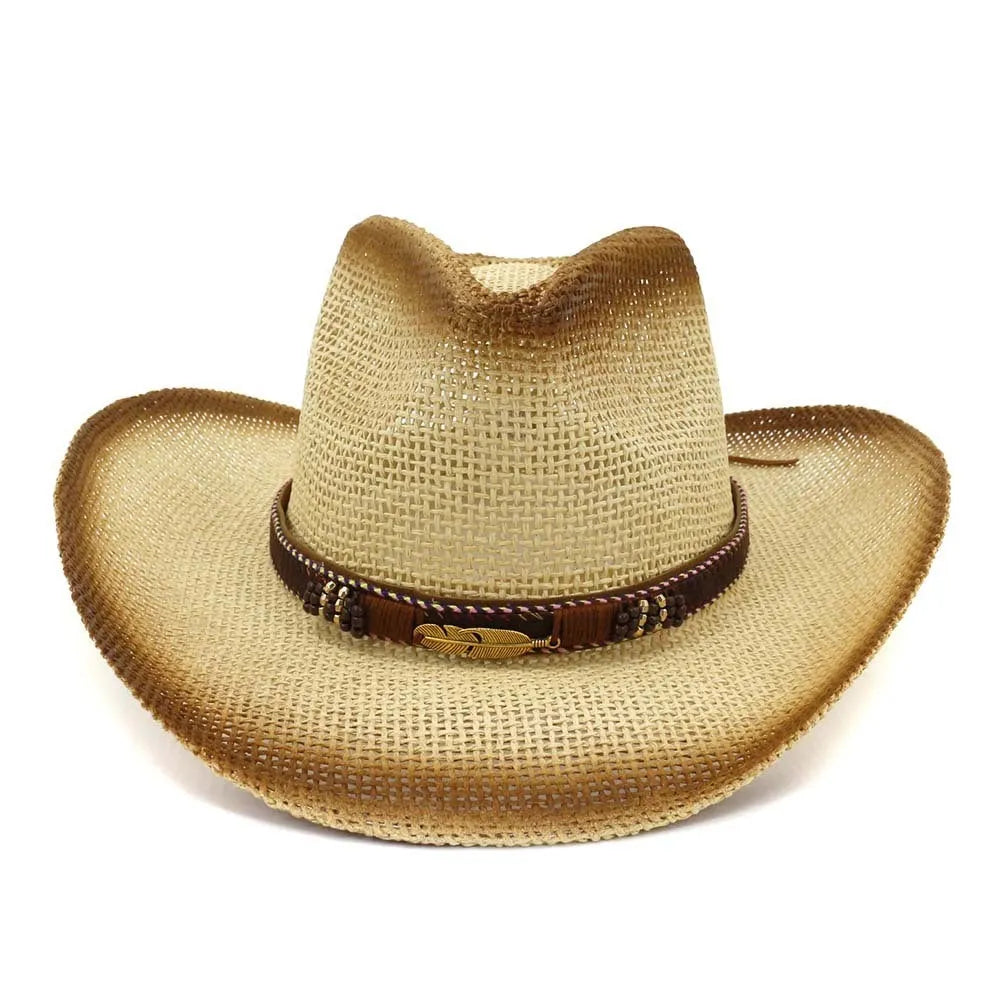 Western spray paint straw cowboy hat with bell crown in khaki, paper straw construction