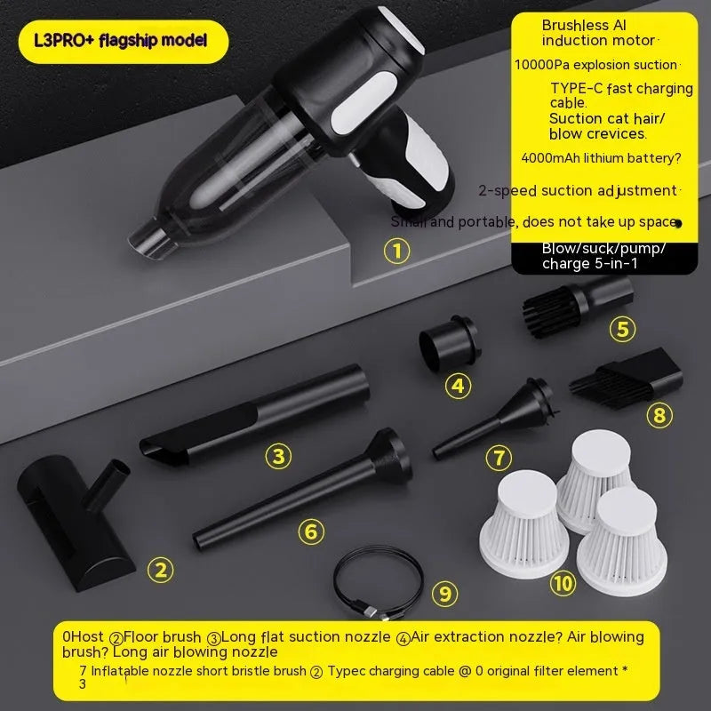 Black cordless handheld car vacuum cleaner with attached brush nozzle and charging cable.