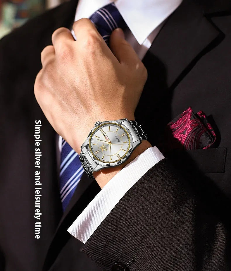 Round stainless steel men's watch with double calendar display on white background
