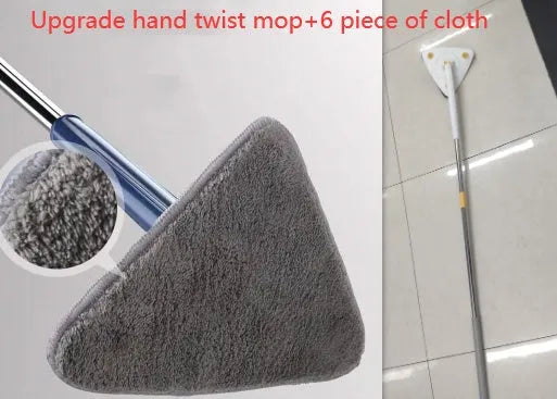 Blue triangle cleaning mop with rotating head and extendable stainless steel pole on a tiled floor